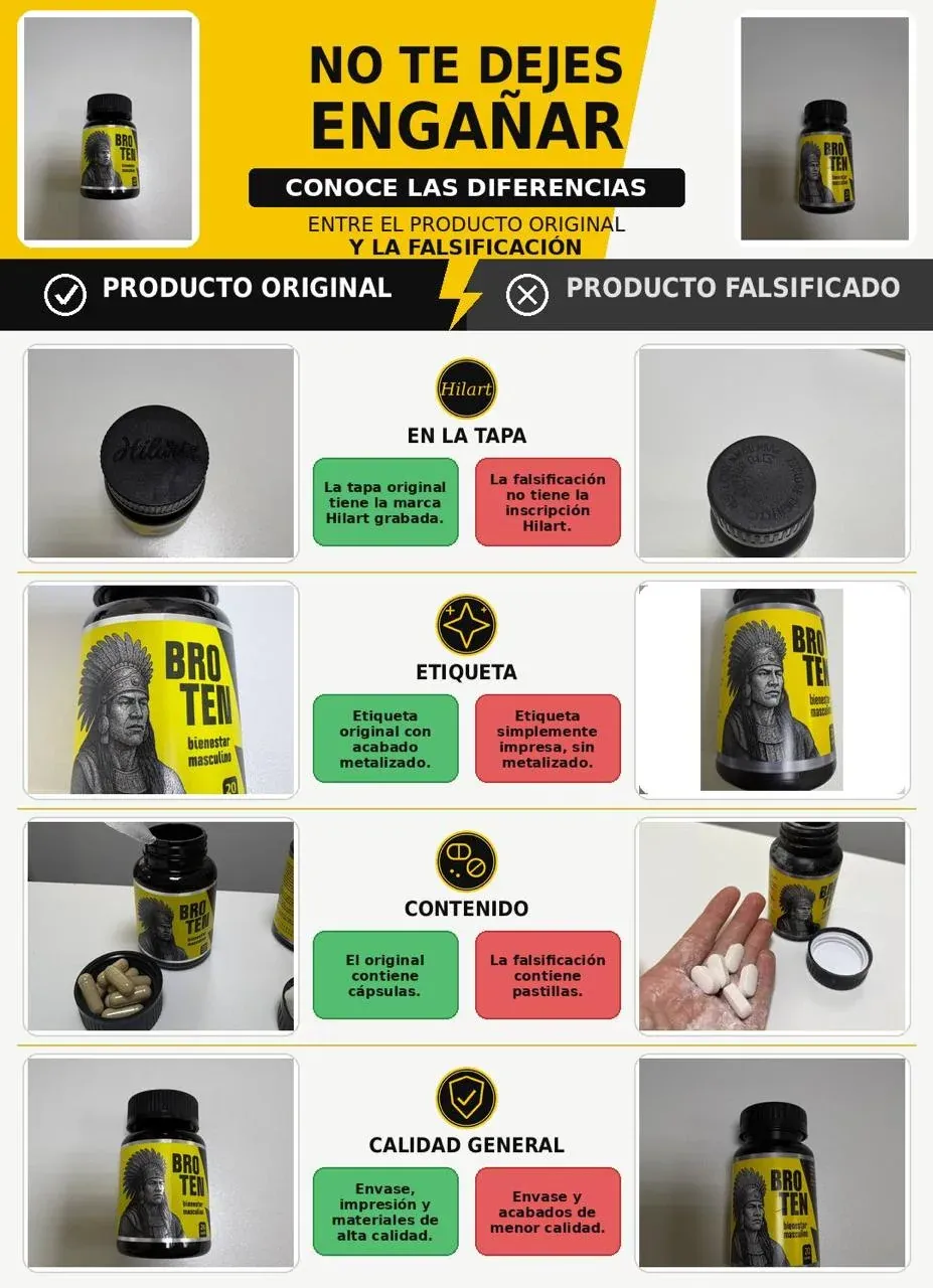 Ficha comparativa Broten original frente a falsificación: tapa, etiqueta, contenido y calidad general